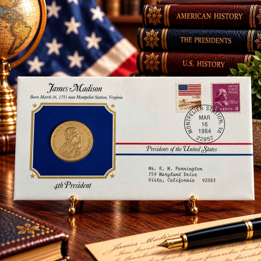 James Madison 4th President Postal Commemorative Society Gold Medal Cover